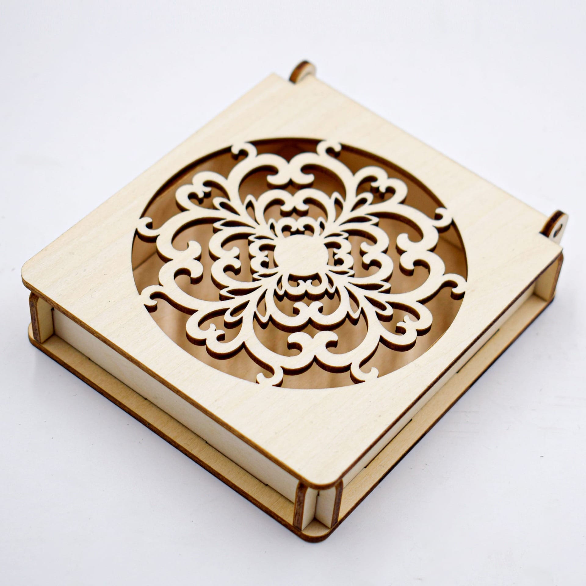 Custom Carved Wooden Box: Laser-cut floral design on a light wood box. Wholesale manufacturer.
