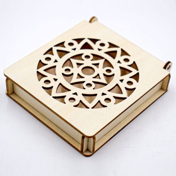 Custom Carved Wooden Box: Laser cut wooden box with intricate circular design. Wholesale manufacturer.