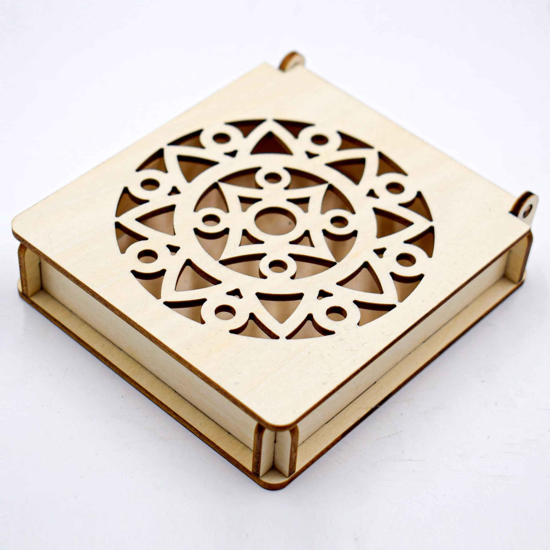 Custom Carved Wooden Box: Laser cut wooden box with intricate circular design. Wholesale manufacturer.