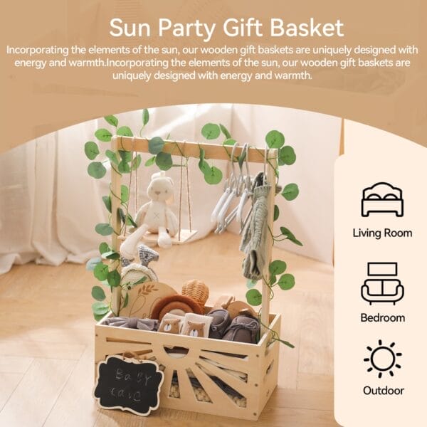 Sun Party Gift Basket: Wooden basket with baby items, chalkboard, and eucalyptus garland.
