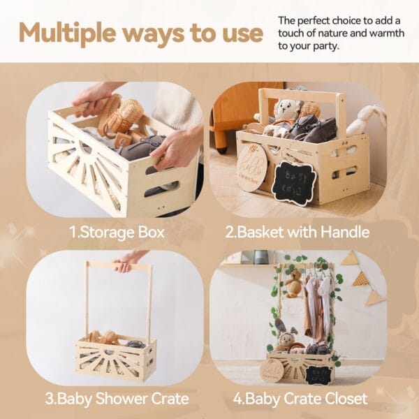 Versatile wooden crate with handle, shown as storage box, baby shower crate, and baby closet organizer.