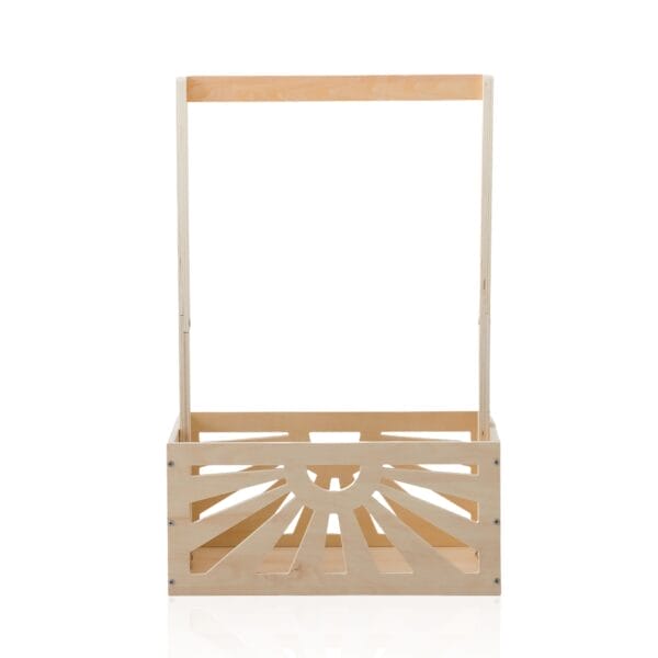 AUTO-DRAFT: Wooden play stand with sunburst design on the box-like base and open top frame.