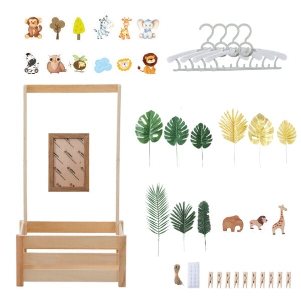 AUTO-DRAFT: Wooden frame with photo, animal stickers, hangers, artificial leaves, wooden animals, twine, and clothespins.