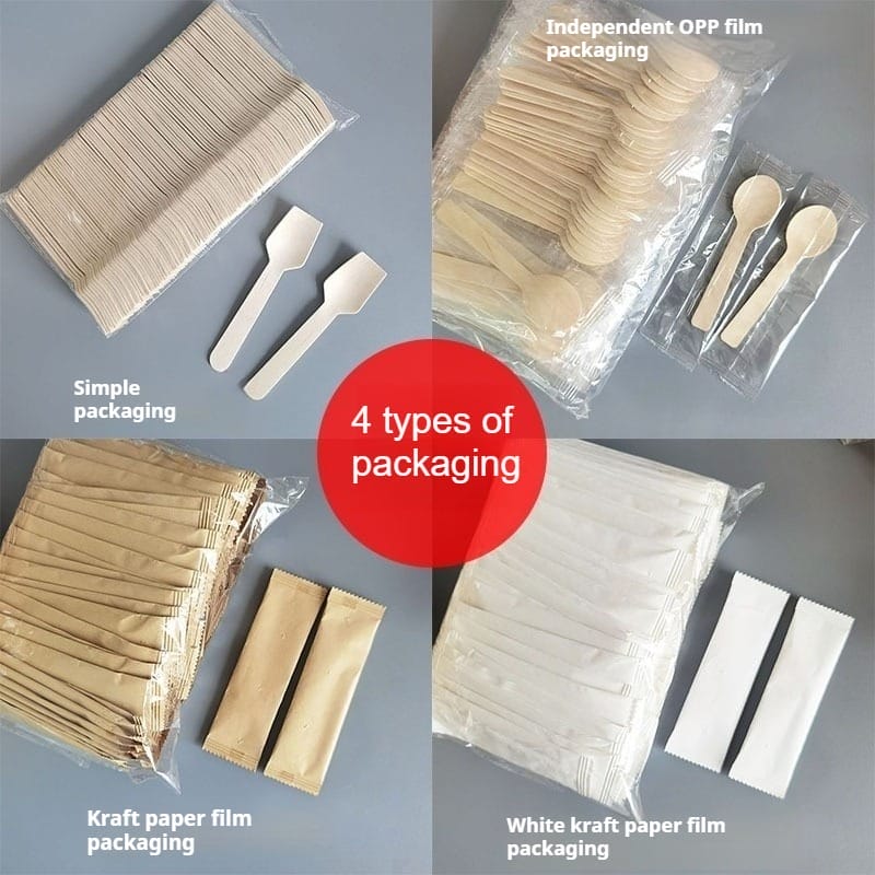 Wholesale Ice Cream Wooden Spoon and Fork packaging options: simple, OPP film, kraft paper film, white kraft paper film.