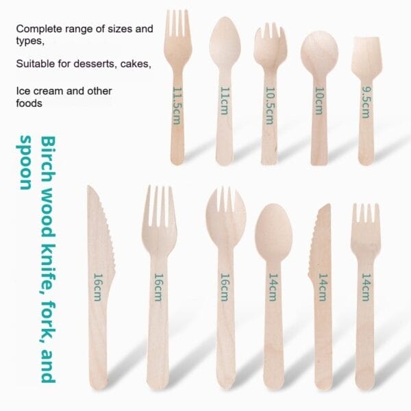 Wholesale Ice Cream Wooden Spoon and Fork Manufacturer: Birch wood knife, fork, and spoon in various sizes.