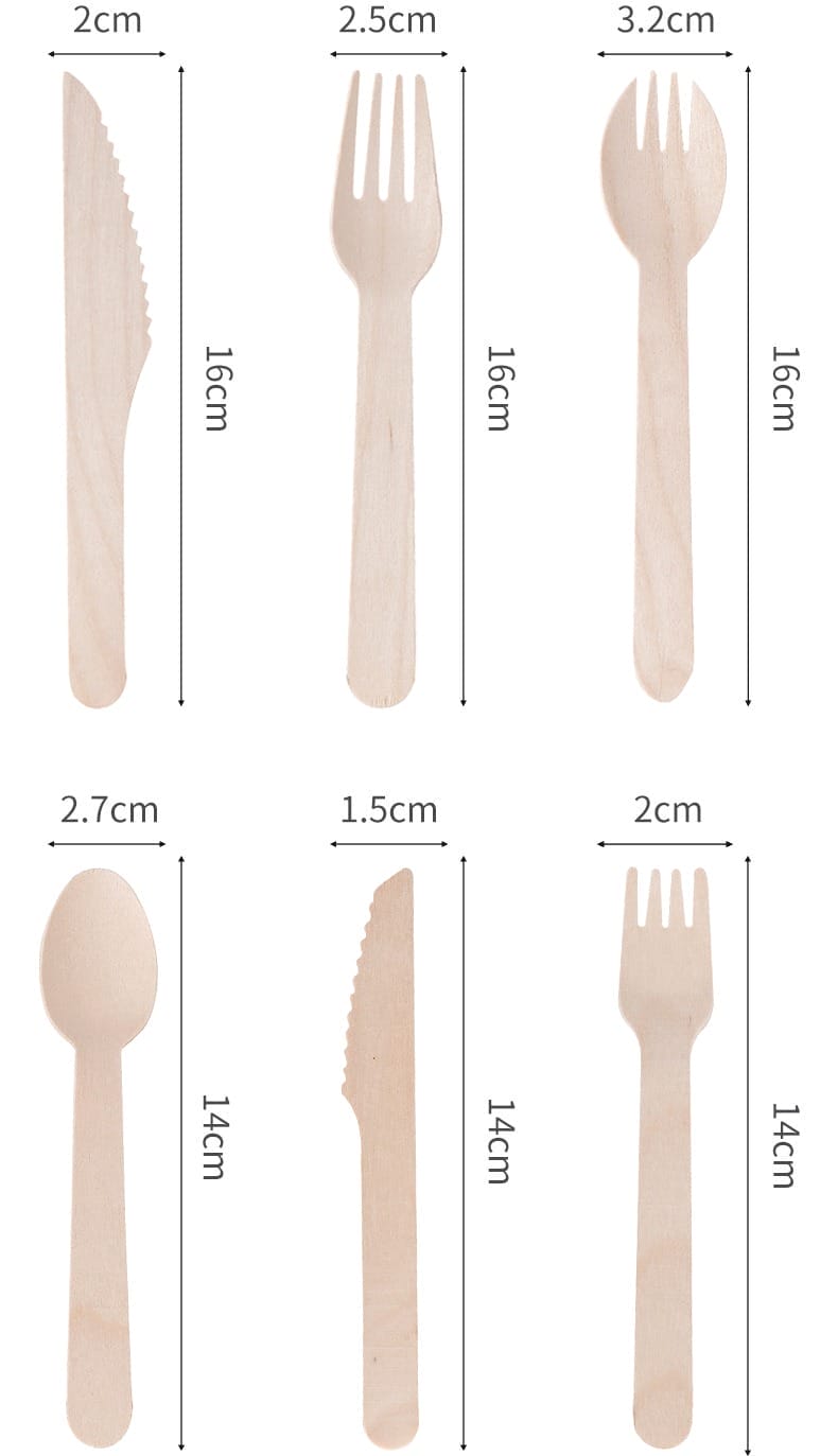 Wholesale Ice Cream Wooden Spoon and Fork: Set of wooden knives, forks, and spoons in two sizes with dimensions