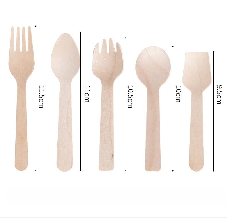 Wholesale wooden spoon and fork set for ice cream, assorted sizes and styles. Eco-friendly cutlery.