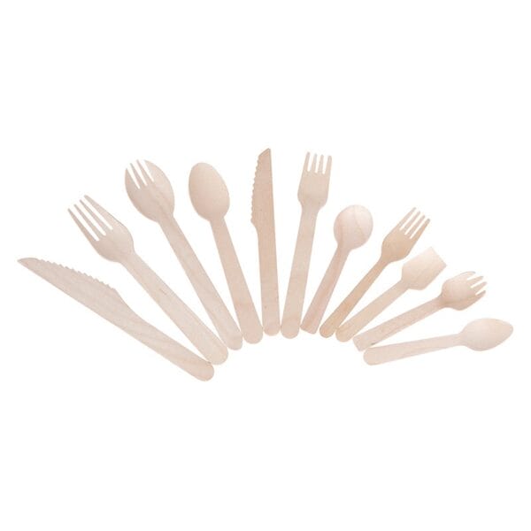 Wholesale Ice Cream Wooden Spoon and Fork: Assortment of wooden cutlery including spoons, forks, and knives.