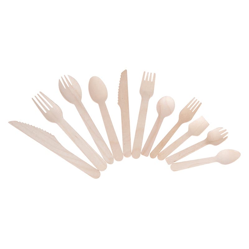 Wholesale Ice Cream Wooden Spoon and Fork: Assortment of wooden cutlery including spoons, forks, and knives.