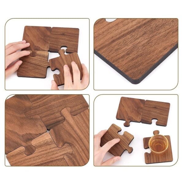 Wooden puzzle coasters. Assemble and use as a drink coaster.