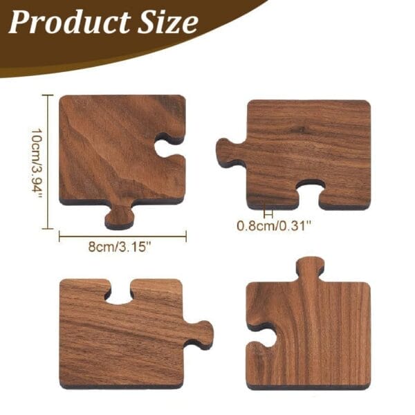 Wooden puzzle piece coaster set dimensions: 10cm x 8cm squares, 0.8cm thick