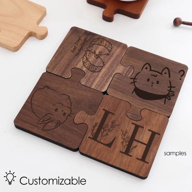 AUTO-DRAFT: Wooden puzzle coasters with animal engravings (hedgehog, cat, bird) and personalized initials "LH