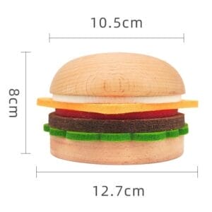 Burger-shaped wood drink coasters set with felt layers, 10.5cm wide, 8cm tall. Unique wholesale wood coasters.