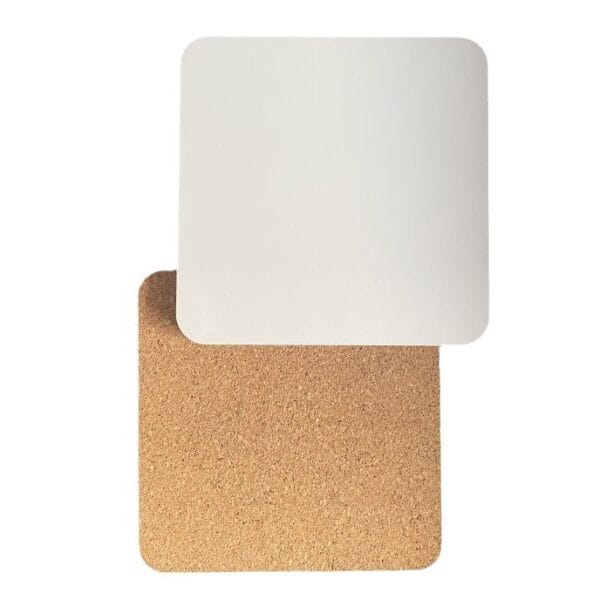 AUTO-DRAFT sublimation coaster atop a square cork coaster, ready for personalization.