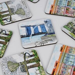 Singapore themed coasters featuring Merlion, Marina Bay Sands, and Gardens by the Bay