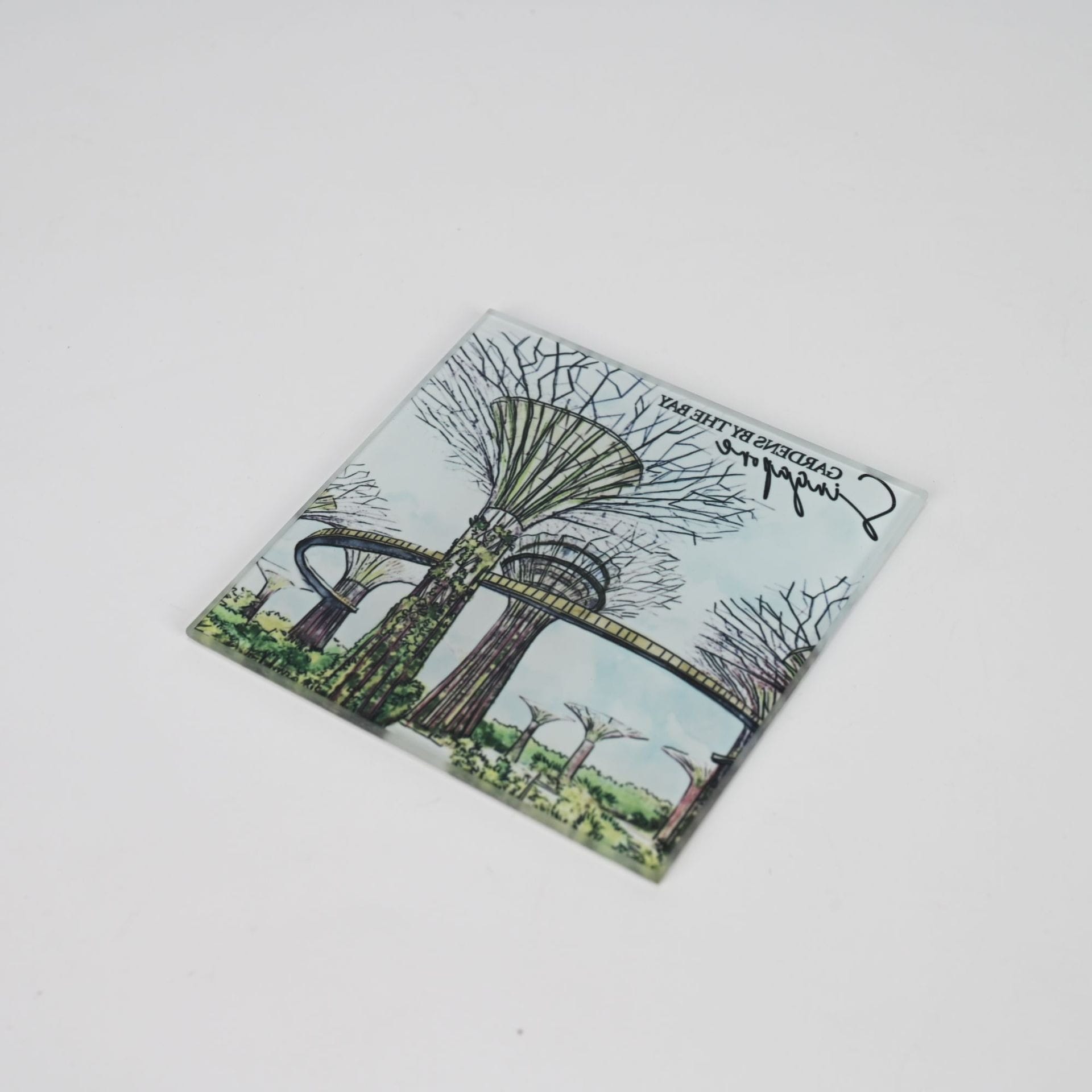Singapore Gardens by the Bay coaster featuring Supertrees and signature script.
