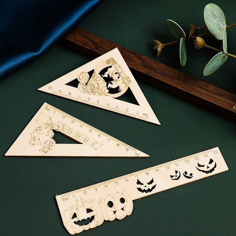Natural Wooden Ruler Set: Halloween-themed engraved rulers, 15cm straight & 10cm triangle. Ideal school/promo gift.