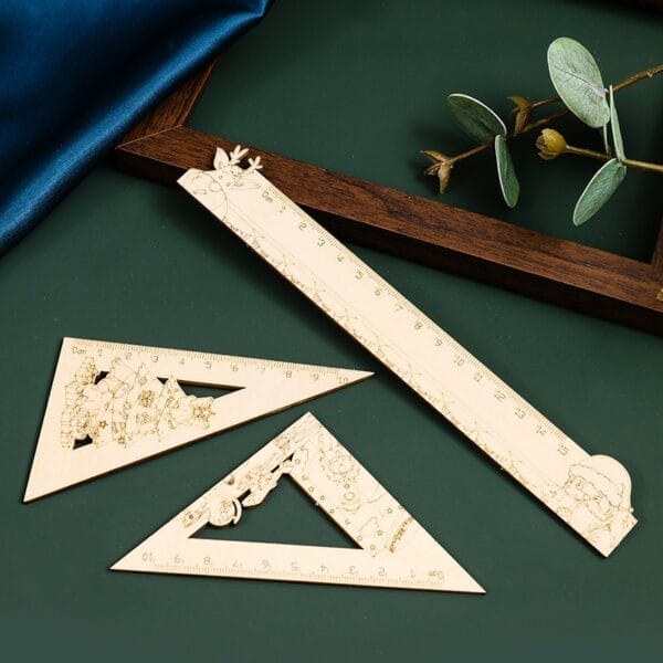 Natural Wooden Hollow Engraved Ruler Set: 15cm straight & 10cm triangle rulers with Christmas engravings.