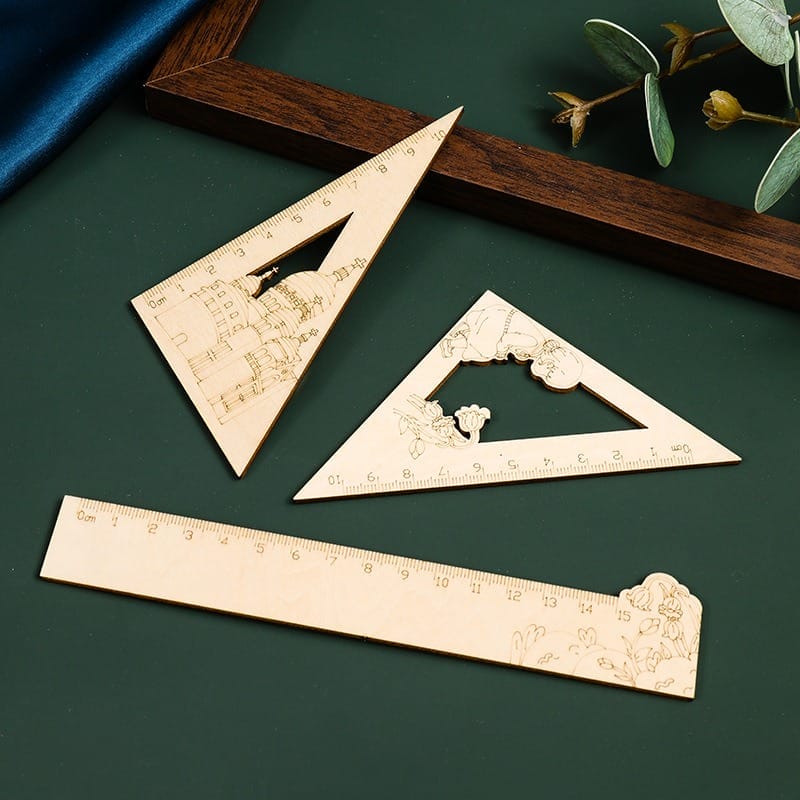 Natural Wooden Hollow Engraved Ruler Set: 15cm straight ruler and 10cm triangle rulers with engraved designs, ideal for schools.