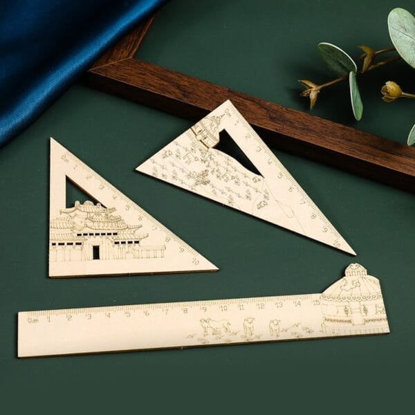 Natural Wooden Hollow Engraved Ruler Set: 15cm straight and 10cm triangle rulers with unique hollow engraved designs; ideal promo gifts & schools.