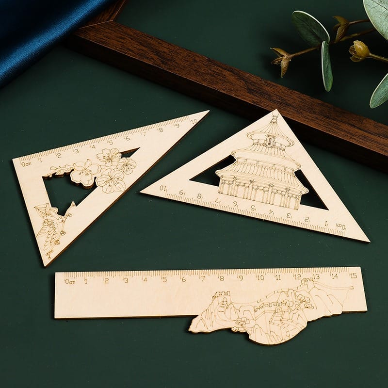 Natural Wooden Hollow Engraved Ruler Set: 15cm straight & 10cm triangle rulers with intricate hollow-engraved designs.