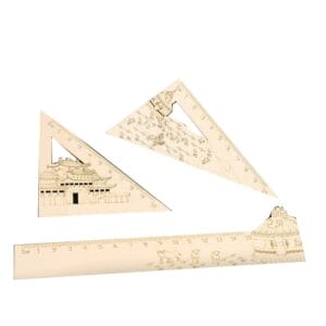 Natural Wooden Hollow Engraved Ruler Set: 15cm straight & 10cm triangle rulers with unique Chinese architecture & landscape designs.