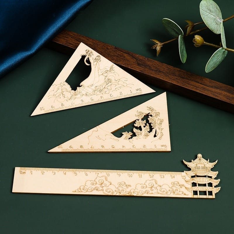 Natural Wooden Hollow Engraved Ruler Set: 15cm straight & 10cm triangle rulers with intricate carvings, ideal for schools.