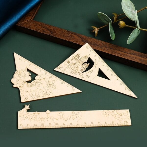 Natural Wooden Hollow Engraved Ruler Set: 15cm straight & 10cm triangle rulers with unicorn, castle, and star designs.