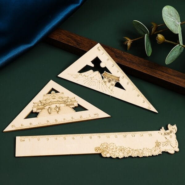 Natural Wooden Hollow Engraved Ruler Set: 15cm straight & 10cm triangle rulers with intricate hollow engraved designs, ideal promo gifts & schools.