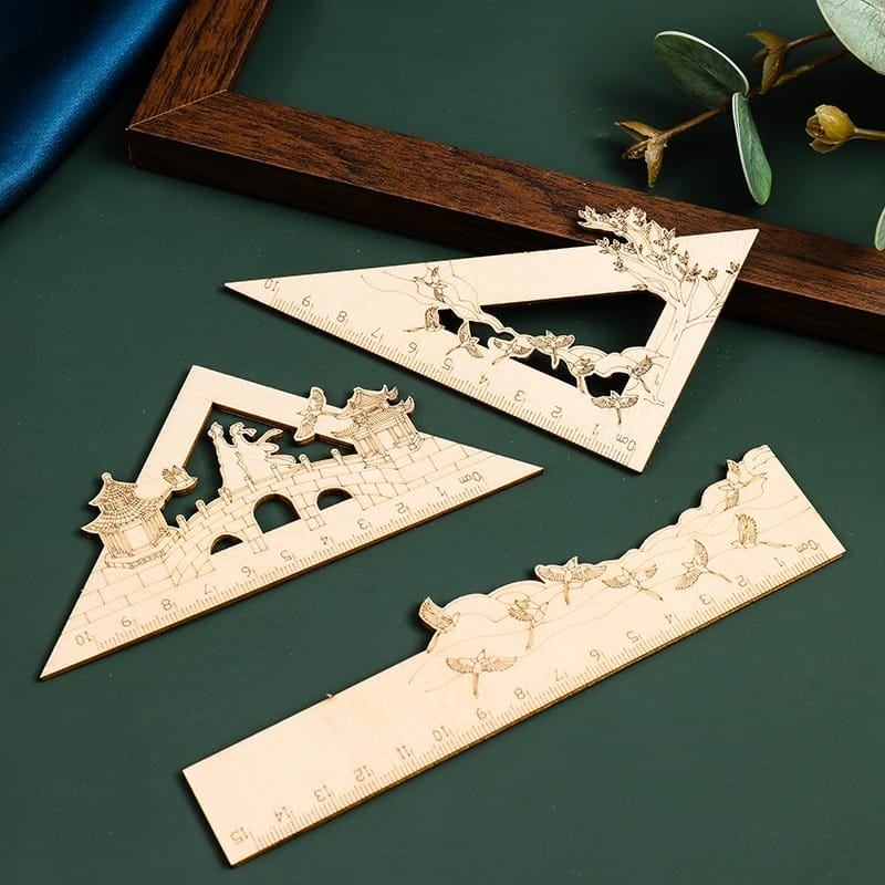 Natural Wooden Hollow Engraved Ruler Set: 15cm straight & 10cm triangle rulers with intricate engraved designs.