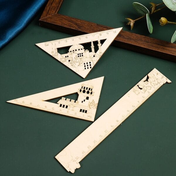 Natural Wooden Hollow Engraved Ruler Set: 15cm straight & 10cm triangle rulers with building cutouts, ideal for schools.