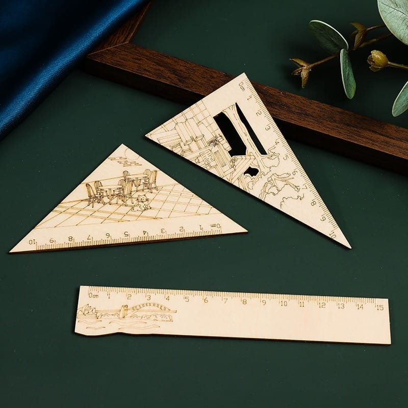 Natural Wooden Hollow Engraved Ruler Set: 15cm straight & 10cm triangle rulers with unique hollow engraved designs.