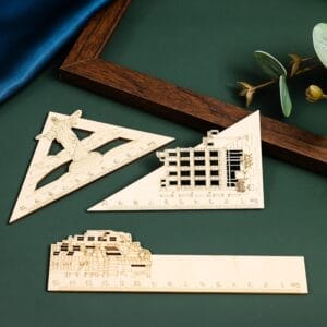 Natural Wooden Hollow Engraved Ruler Set: 15cm straight & 10cm triangle rulers with building & monument designs.