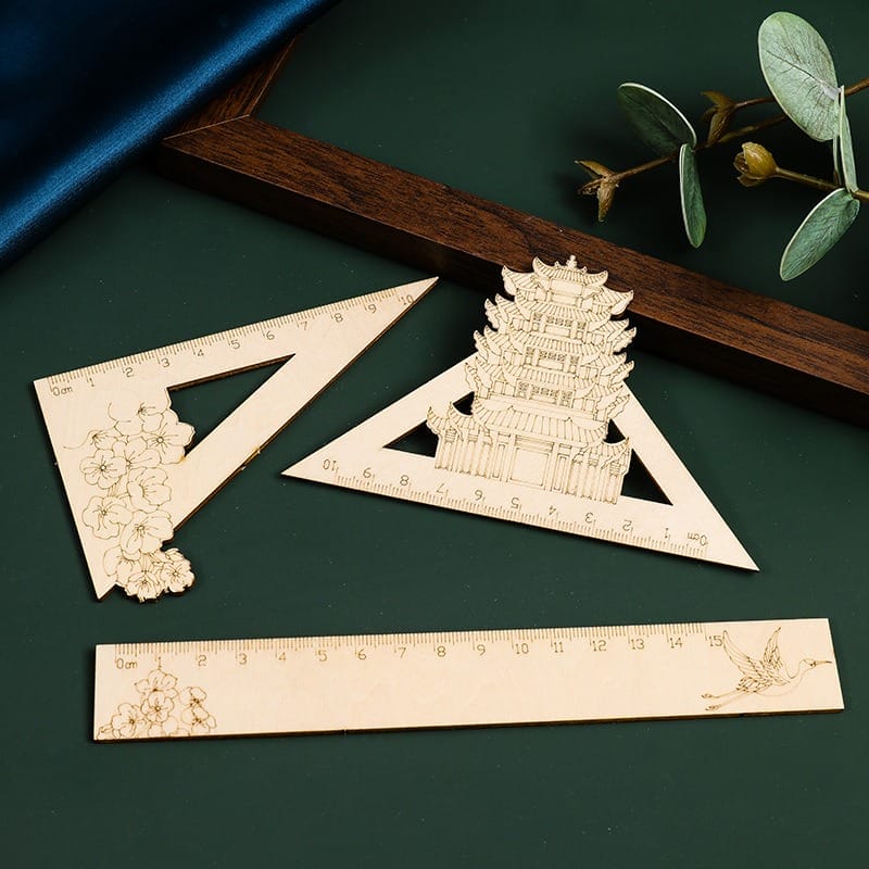 Natural Wooden Hollow Engraved Ruler Set: 15cm straight & 10cm triangle rulers with floral & pagoda designs.