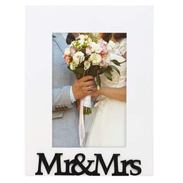 Custom Wood Picture Frame for Wedding: "Mr & Mrs" frame displaying a wedding photo.