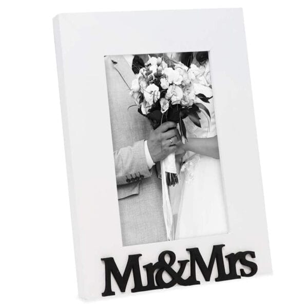 Custom Wood Picture Frame for Wedding & Home Decor: "Mr & Mrs" white frame with wedding photo.