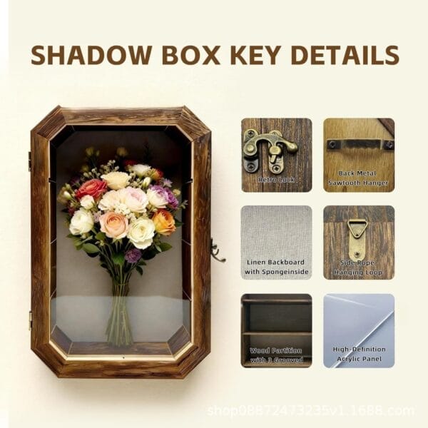 Shadow box details: retro lock, sawtooth hanger, linen backboard, rope loop, wood partition, acrylic panel. Custom Wood Shadow Boxes.