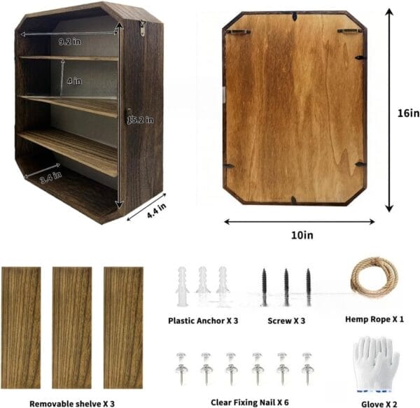 Rustic wood wall shelf with 3 removable shelves, mounting hardware (screws, anchors, rope, nails, gloves) included, dimensions shown. Custom Wood Shadow Boxes.