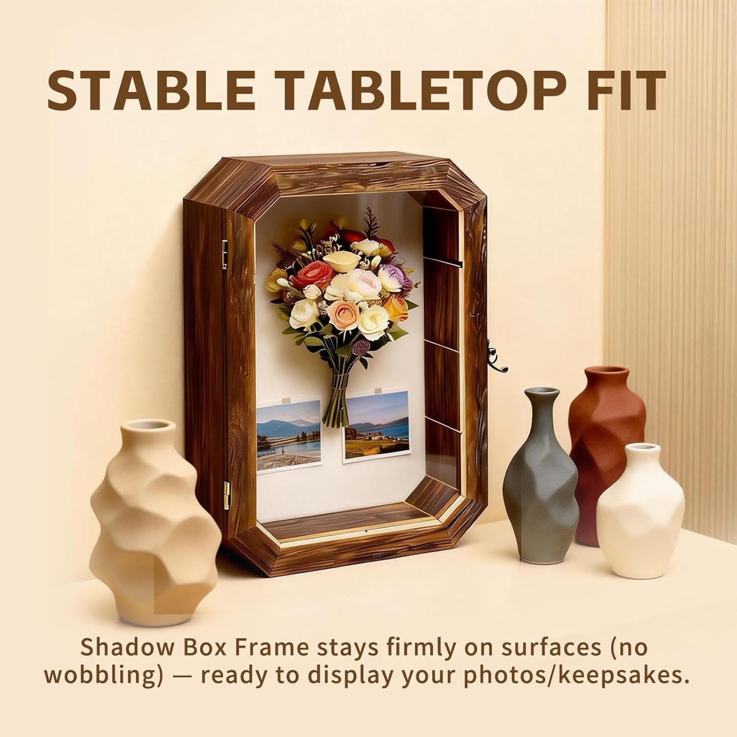 Shadow box frame with a stable tabletop fit, displaying photos and keepsakes. Rustic wood finish. Custom Wood Shadow Boxes.