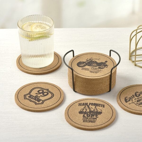 Custom Wooden Drink Coasters: Biodegradable cork coasters with logo designs, stacked in holder, drink coaster in use.