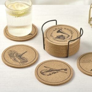 Custom Wooden Drink Coasters: Biodegradable cork coasters with vintage designs in a black wire holder. Logo OEM Ready.