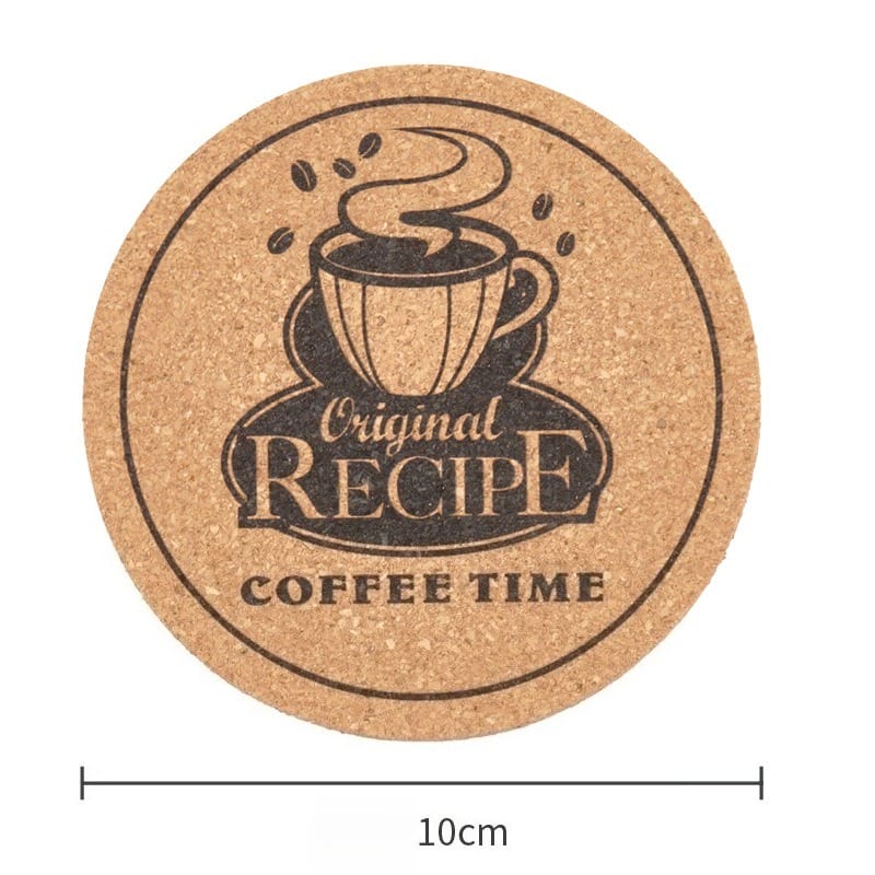 Custom Cork Coaster: Biodegradable coaster with coffee cup design, "Original Recipe Coffee Time