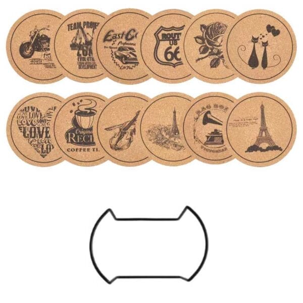 Custom Wooden Drink Coasters: Biodegradable cork coasters with unique designs, logo OEM ready, and metal holder.