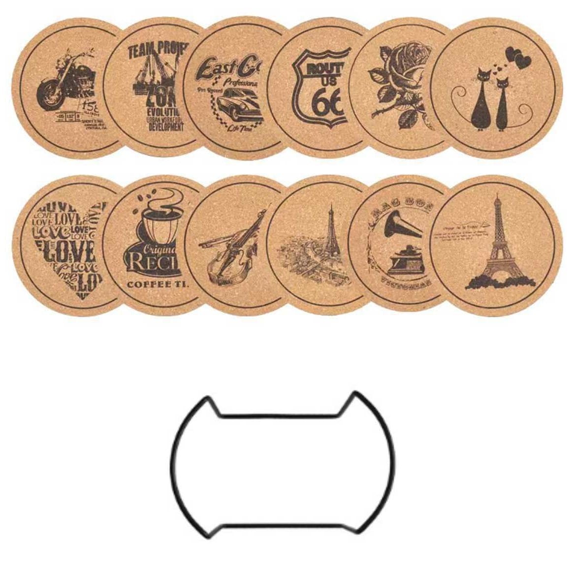 Custom Wooden Drink Coasters: Biodegradable cork coasters with unique designs, logo OEM ready, and metal holder.
