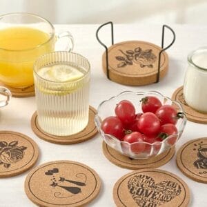 Custom Wooden Drink Coasters: Biodegradable cork coasters with drinks, tomatoes, and a holder. Logo OEM ready.