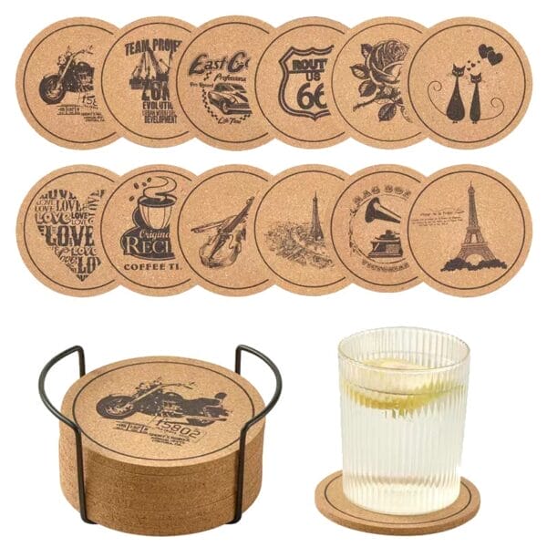Custom Wooden Drink Coasters: Biodegradable cork coasters with vintage designs, stacked in metal holder, OEM ready for logos