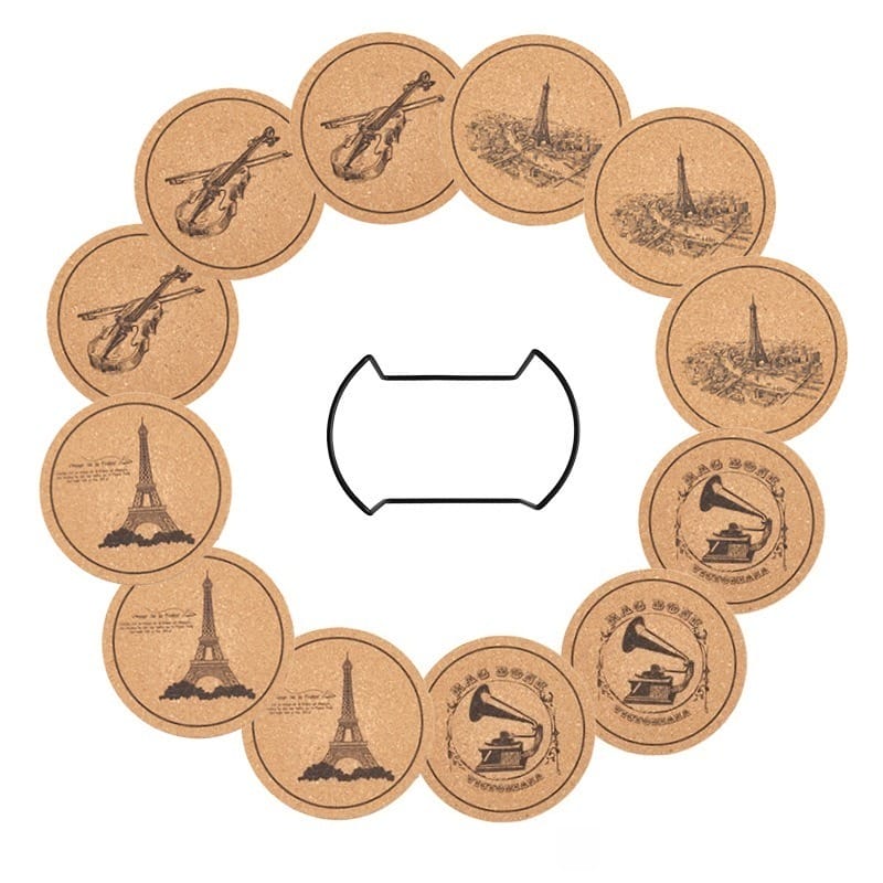 Custom Wooden Drink Coasters: Biodegradable cork coasters with violin, Eiffel Tower, and gramophone designs. Logo OEM ready for corporate gifts.