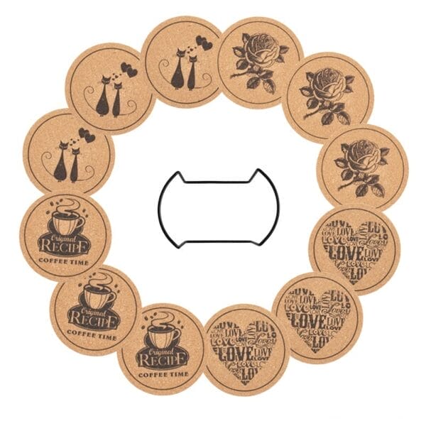 Custom Wooden Drink Coasters: Biodegradable cork coasters with cat, rose, coffee, and love designs, plus a black holder.