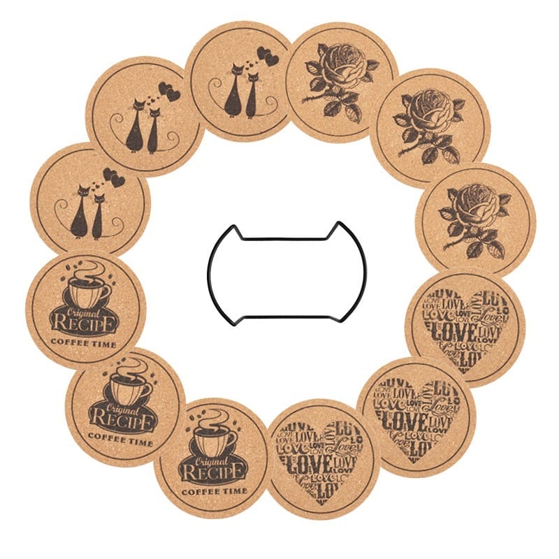 Custom Wooden Drink Coasters: Biodegradable cork coasters with cat, rose, coffee, and love designs, plus a black holder.
