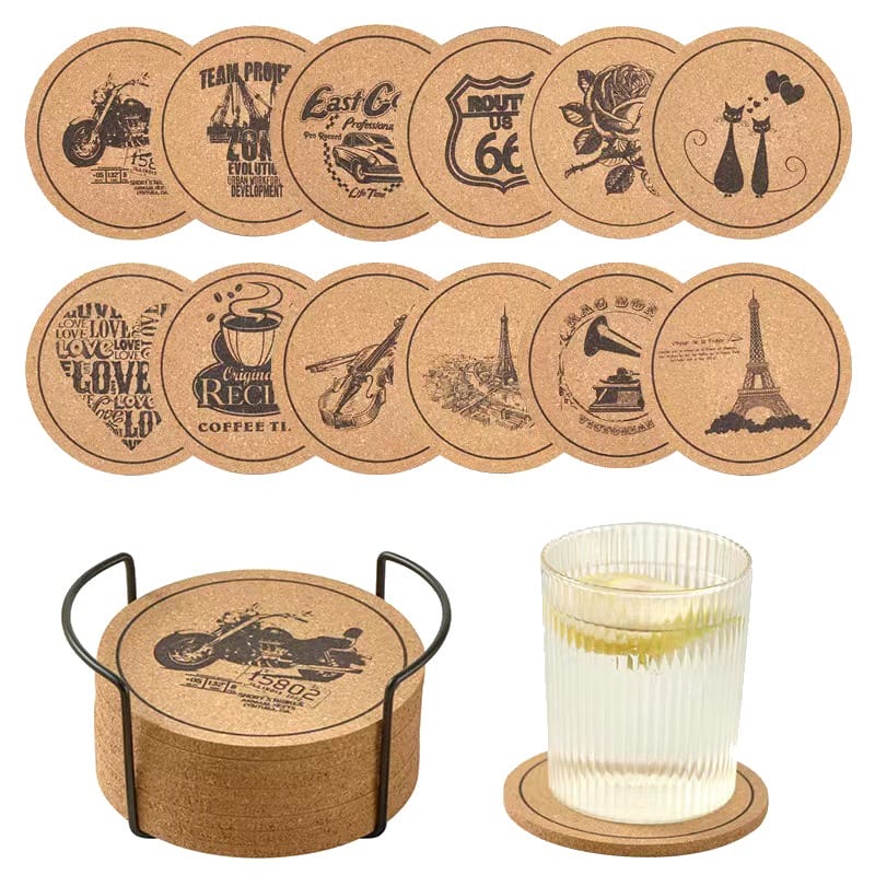 Custom Wooden Drink Coasters: Biodegradable cork coasters with vintage designs, stacked in metal holder, OEM ready for logos